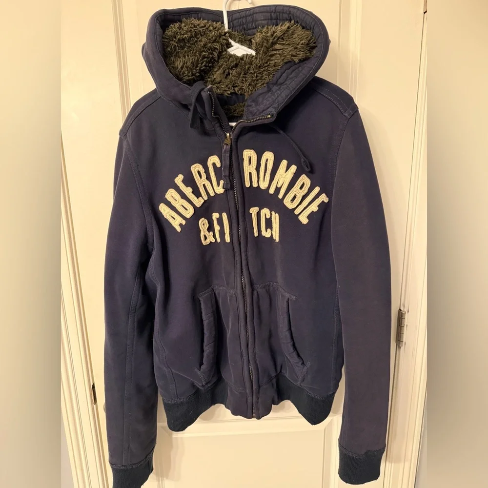Vintage Abercrombie & Fitch 2000s Wolf Jaw Navy Faux Fur Lined Hooded Jacket XL - Picture 1 of 5